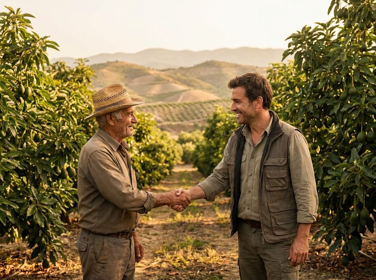 Handshake between a grower and our selector among avocado trees, with the valley behind