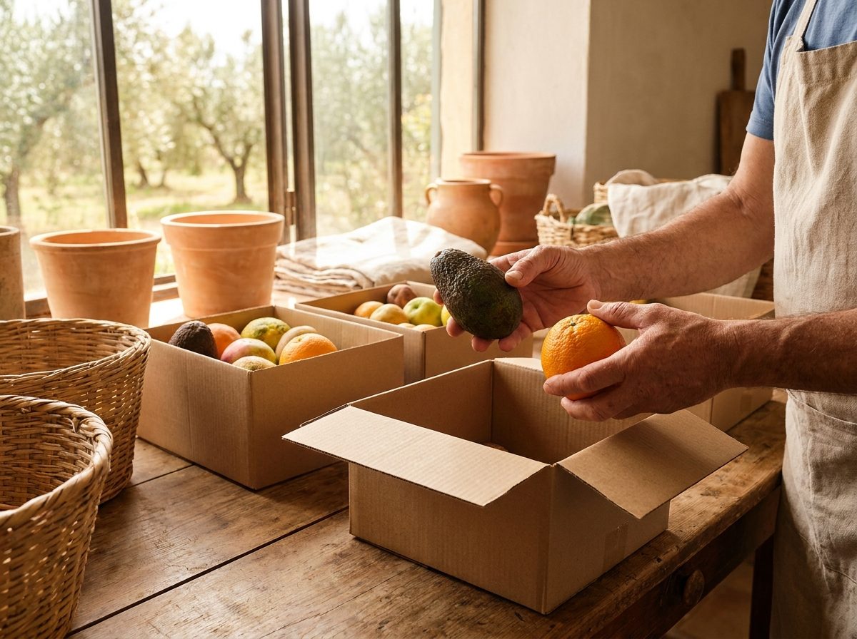 Hands packing kraft boxes with fruit, piece by piece