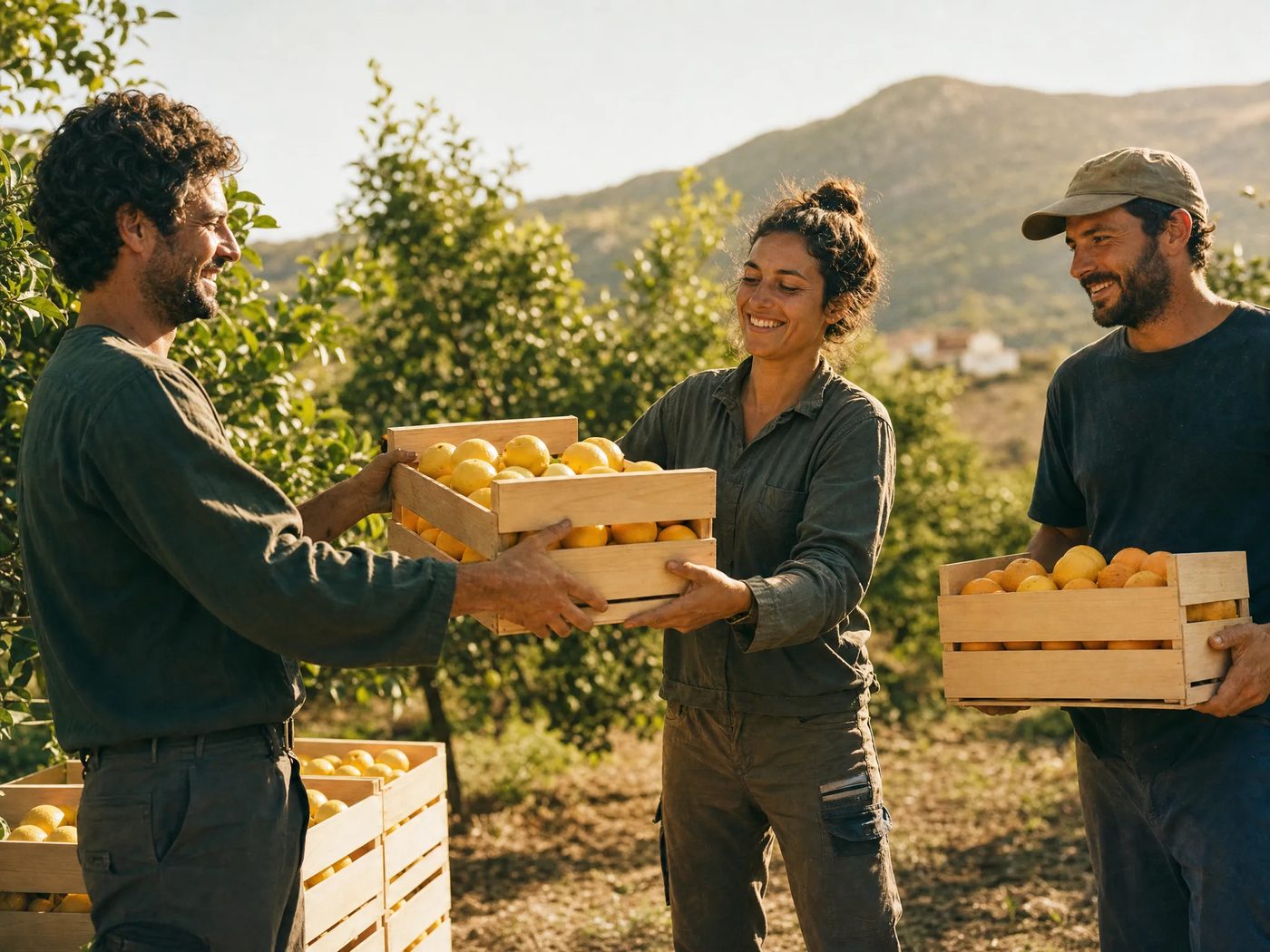 Two men in straw hats passing a crate of freshly picked lemons