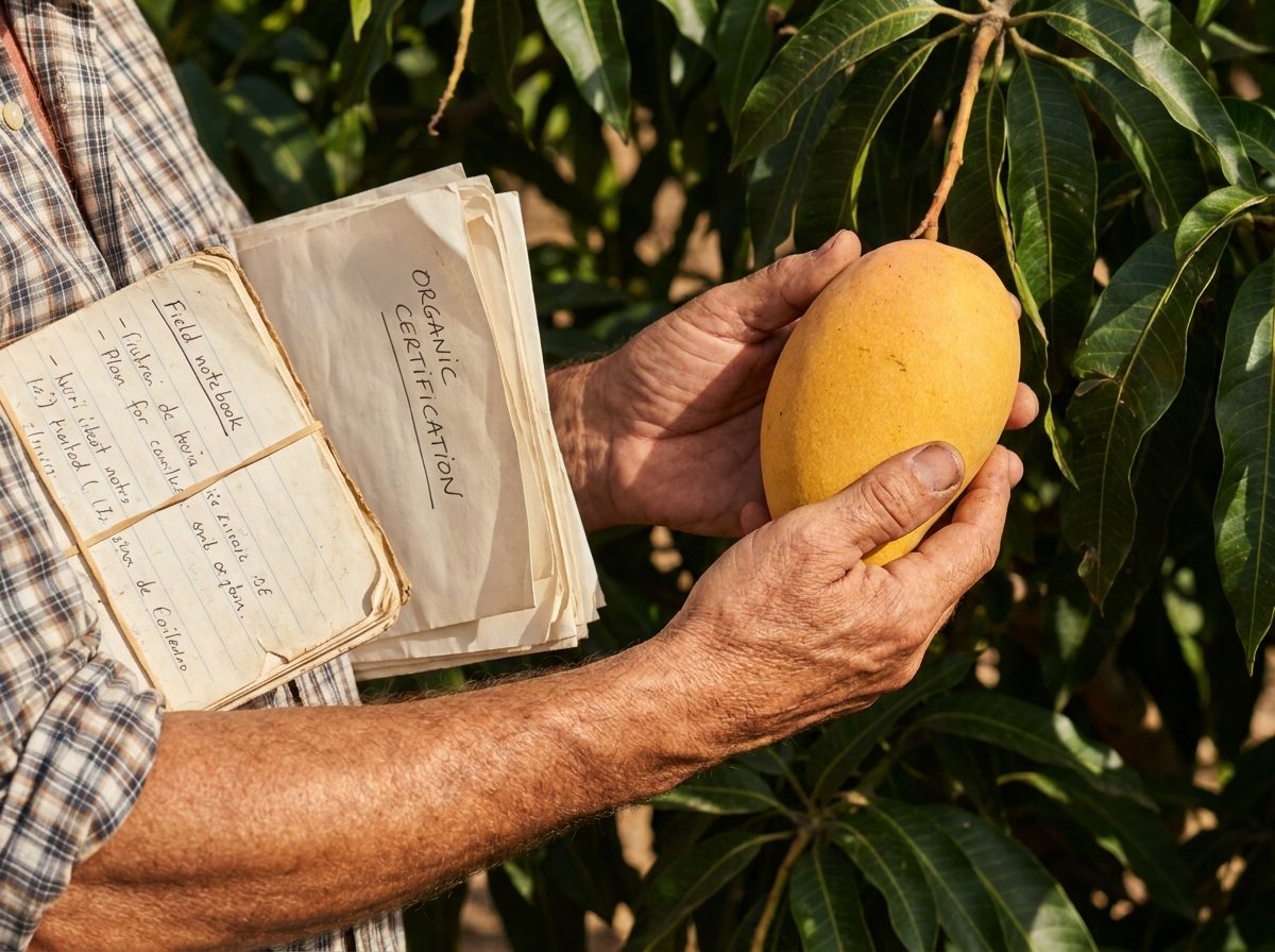 Hands examining a mango on the tree next to the organic certification papers